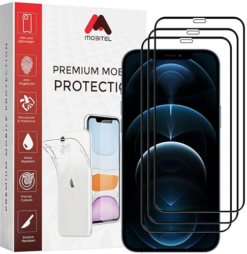 Mobitel 3-Pack Full Coverage Screen Protector for iPhone 12 Pro Max, 6.7-inch 9H Hardness Tempered Glass Screen Protector, Anti-Water, Anti-Scratch, Bubble-Free Case Friendly Glass Protector