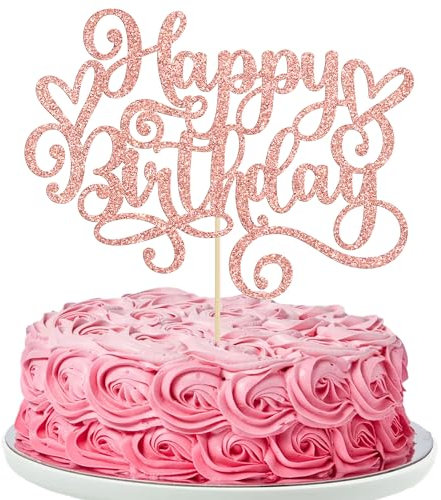 Gyufise 1Pcs Happy Birthday Cake Topper Glitter Cake Pick for Celebrating Anniversary Party Cake Decorations Supplies Rose Gold