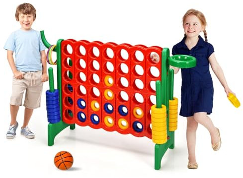 HOMASIS Riesiges 4 Gewinnt Spiel, 4 in Einer Reihe Spiel mit Basketballkorb & Wurfspiel, Strategiespiel mit 42 Ringen, XXL Brettspiel Spielzeug für Kinder & Erwachsene Outdoor (Rot + Grün)