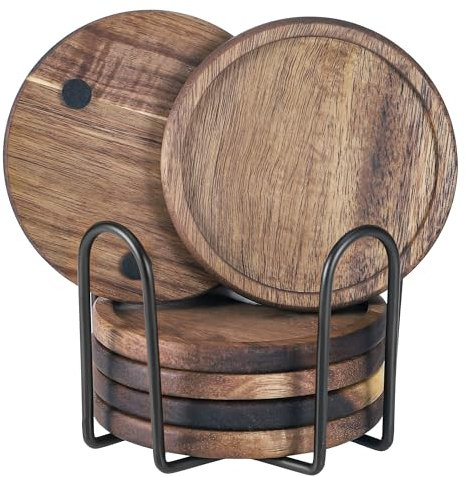Kssvzz 6er Set Glasuntersetzer Holz Rund, Untersetzer Gläser aus Akazienholz mit Halter für Getränke, Tassen, Bar, Glas