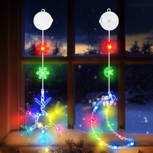 OUILA RGB Leuchtsterne Weihnachten Fenster, Mond & Schneeflocken Leuchtende Sterne für Kinderzimmer Blitz Lichterkette Weihnachten mit Saugnäpfe Timer Weihnachtslicht für Weihnachtsdeko Fensterbank