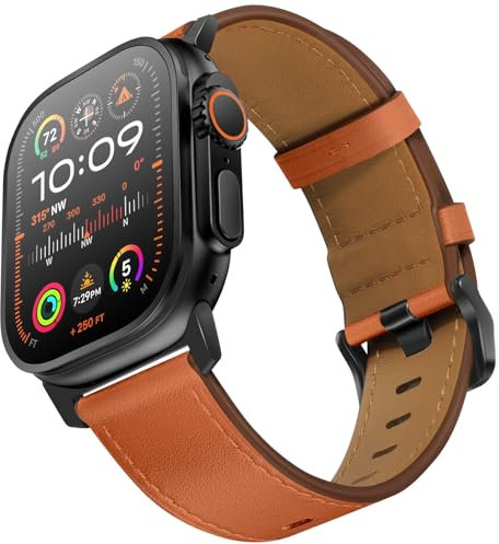 UUPWPOKT Compatible con Apple Watch Ultra 2/1 Band de 49 mm, 46 mm, 45 mm, 44 mm, 42 mm, correa de piel auténtica para iWatch Ultra Series 10, 9, 8, 7, 6, 5, 4, 3, 2, 1, SE, naranja/negro