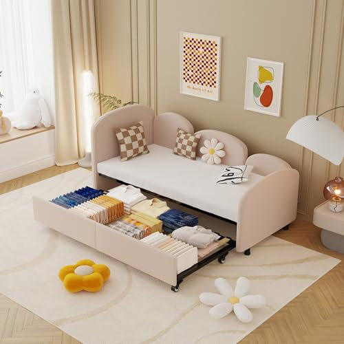 Schlafsofa 90x200 cm, Daybed Tagesbett Sofabett mit Stauraum Schubladen, Kinderbett Jugendbett Einzelbett Bettgestell mit Lattenrost, Samtstoff, Ohne Matratze (Rosa)