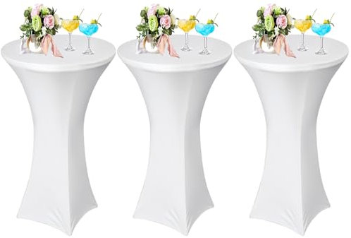 AMFUN 3er-Set Stretch Stehtisch Hussen, Stehtisch Hussen, Verstärkung im Fußbereich, Quadrat Ecken Stehtischhussen für Bar, Hochzeit, Cocktail-Party, Bankett, Stretch（80×110cm, Weiß）