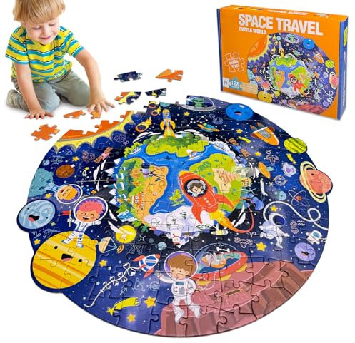 Kulveanju Kinder Puzzle ab 4 5 6 Jahre, 128 Teile Weltraumreise Bodenpuzzle, Große kinderpuzzle Spielzeug Kreisförmig, Puzzle für Jungen und Mädchen 3-7 Jährige Geschenk, 44x45 cm