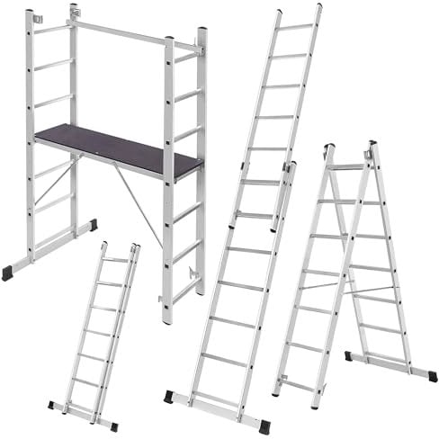 KADAX Ponteggio in alluminio 114 x 187 cm, impalcatura a 14 gradini, impalcatura, struttura multifunzione, scala multiuso con piattaforma e piedini antiscivolo