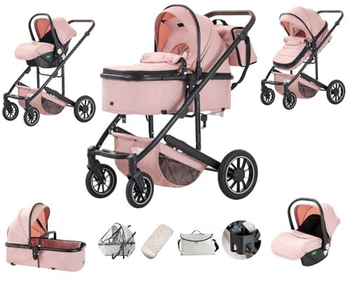 Lnhcrbs Passeggino 3 in 1,Rosa-Set Passeggino e Seggiolino Auto, Passeggino Da Viaggio con Manico Regolabile, Cestino&Cestino per Dormire con Copripiedi, Imbottitura in Cotone Più Spessa,0-4,22KG