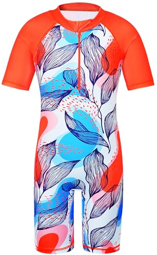 HUAANIUE Filles Maillot de Bain 1 Pièce 2-12 Ans, Anti-UV UPF 50+ Manches Courtes, Fermeture Éclair Frontale, Imprimés Colorés, Idéal pour Plage et Piscine (S253-Feuilles Oranges, 10-11 Ans)