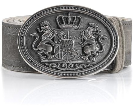 Schöneberger Trachten Couture Herren Trachtengürtel Bergkoppel, Lederhosen Gürtel mit Bayern/Wappen Schnalle, Ledergürtel aus Echt-Leder für Oktoberfest (Rauch-Grau, Bundweite 115 (54-56))