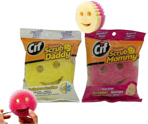 Cif Essentials Pack 2X Estropajos Scrub Mommy y Daddy | Esponja + Doble Cara | No Raya, antiolor, FlexTexture | Ideal para Cocina y baño