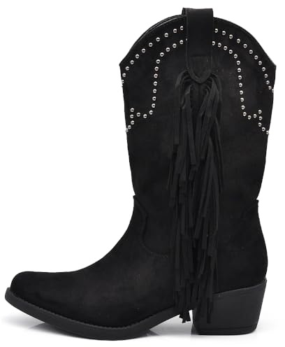 IF Texani Cowboy Western Scarpe da Donna Stivali Stivaletti Frange Borchie Camperos Etnici KL995 Nero N.40