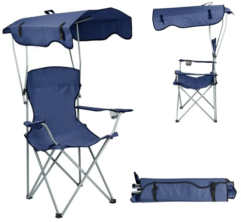 Homewell - Silla de camping plegable con toldo, silla de pesca con portavasos y bolsa de transporte, carga máxima: 130 kg