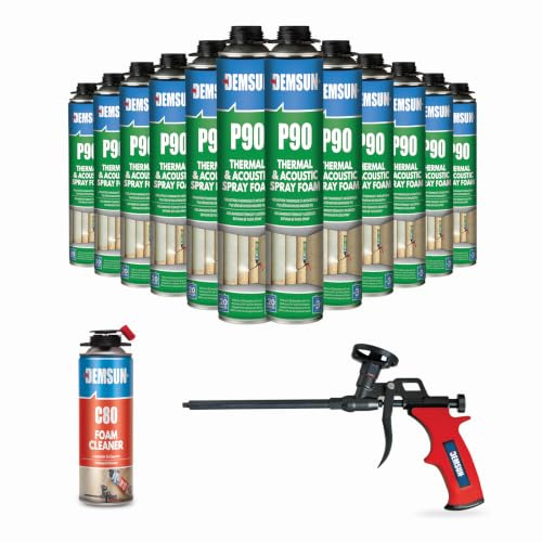 Demsun 12 Pcs 850 ml P90 Acoustic & Thermal Expanding Foam Kit with Gun 75 cm & Cleaner, Gap Filler, Soundproofing Spray, Professional PU Sealant Bundle for Walls & Cavities