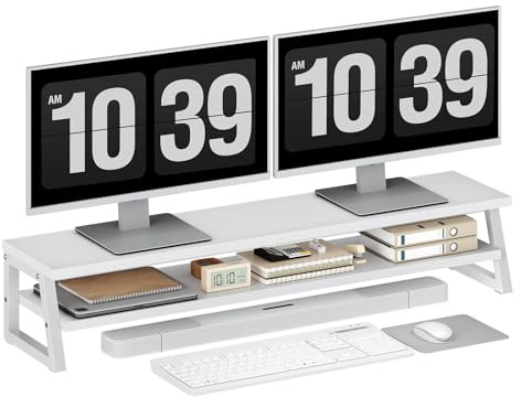 HOOBRO 2-stufiger Monitorständer Holzfür 2 Monitore, 100 x 24 x 19,5 cm, Dual Monitor Ständer, Bildschirmerhöhung, Monitor Erhöhung, Schreibtischregal für Büro und Heimarbeit,Weiß EWW122CJ01