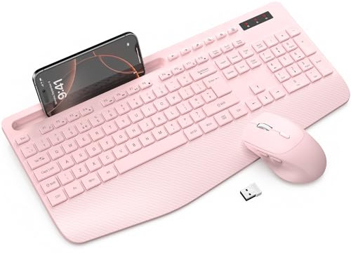 Wireless Keyboard and Mouse, Phone Holder and Ergonomic Wrist Rest - Pink | SABLUTE Keyboard with Sleep Mode, Multimedia Key, Silent 2.4G Full-Size Cordless Set for Computer, Laptop, PC, Windows - KM23