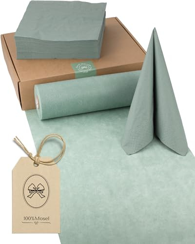 100%Mosel Tischdeko-Set – Eukalyptus Grün (25–50 Gäste) | Tischläufer und Tissue Servietten für Taufe, Kommunion, Konfirmation, Hochzeit und Geburtstag – praktisches Set