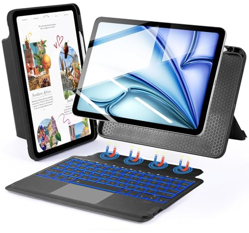 SOPPY Detachable Keyboard Case with Trackpad for iPad Air 11 inch M3 2025/M2 2024, Air 7/6/5/4 Gen, iPad Pro 11 4/3/2/1, 7-Color Backlight, Vertically/Horizontally Flexible Use, UK Layout, Black