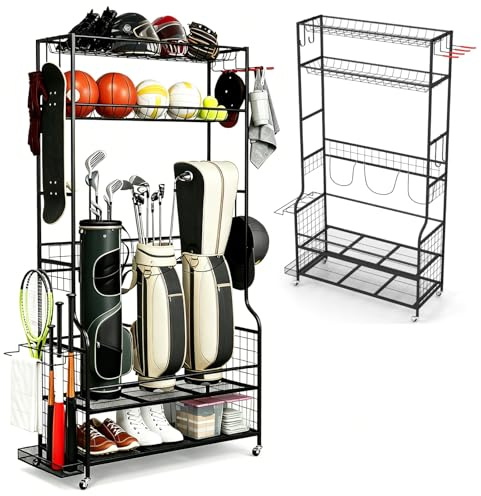 SPOTRAVEL Sports Equipment Organizer, Metal Golf Accessories Organizer | with Wheels, Adjustable Foot Pads and 4 Hooks, Rolling Ball Storage Rack for Garage Gym