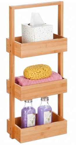 Relaxdays Badregal, mit 3 Ablagen, HxBxT: 70 x 26 x 17 cm, Standregal für Badezimmer & Küche, Bambus & MDF, Natur
