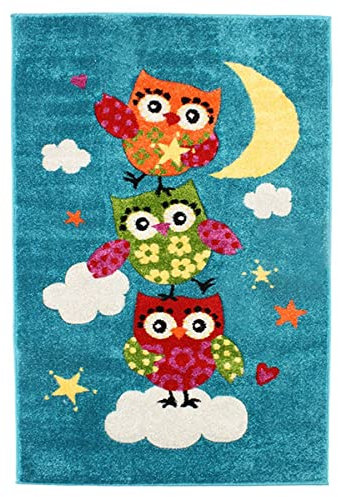 MonBeauTapis Pflaume 100160 Fuji Eulen Kinder Teppich Mischung aus Wolle/Polypropylen Blau 150 x 100 cm