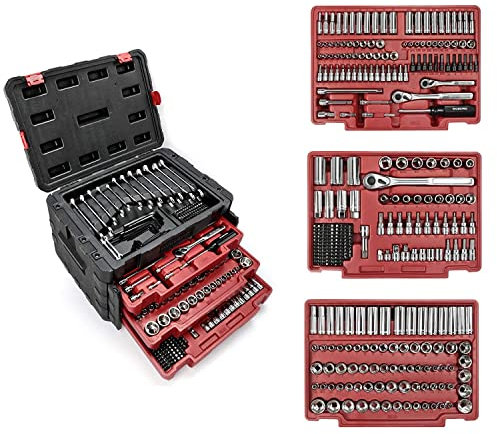WORKPRO Werkzeugkoffer Steckschlüsseleinsatz Bits Umschaltknarren Schnellspannfunktion Ratschen mit 3 Schubladen Werkzeugschrank 450 tlg. 1/2-inch 1/4-inch 3/8-inch