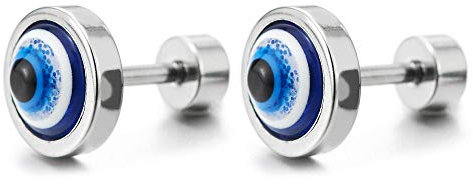 2 Herren Damen Edelstahl Bösen Blick Kreis Ohrringe Ohrstecker mit Blau Harz, Schraube Wieder
