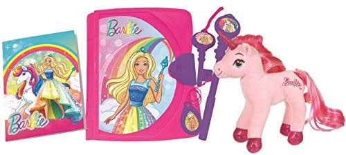 Mattel Barbie, Elektronisches Geheimtagebuch mit Licht und Ton, Einhorn Plüsch, Notizbuch, Zauberschlüssel, Kugelschreiber Stift und Medaillon, Spielzeug für Mädchen Kinder, Pink/Lila, SD15BBY