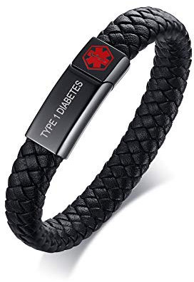 PJ JEWELLERY TYPE 1 DIABETES Geflochtenes Originalleder Medical ID Armband Herren Medical Alert Lederarmband mit Edelstahl-Magnetverschluss