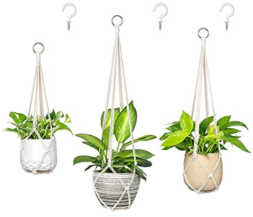 Dahey Lot de 3 suspensions pour plantes en macramé avec crochets pour intérieur - 88,9 cm/73,7 cm/58,4 cm - Corde en coton tissée à la main - Support de pot de fleurs au crochet pour décoration