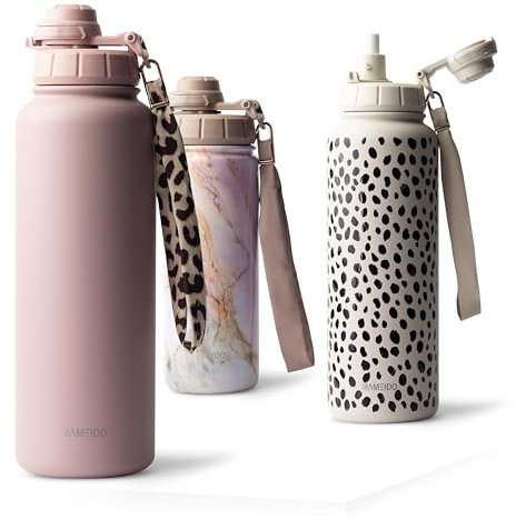 MAMEIDO Botella Agua Acero Inoxidable 700ml - Botella Termica con Pajita, Botella Agua Gimnasio sin BPA, Cantimplora estanca, Termo con Correa de Transporte, Water Bottle (Powder Blush, 0,7l)