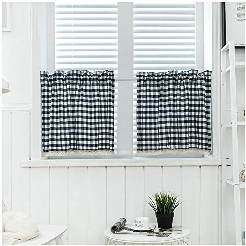 DAIHAN Kurzstores Gardinen Küche Kurz Fenster Küchengardine Scheibengardine Bistrogardine Landhausstil Modern Vintage Vorhänge Kurzvorhang Kariert Fensterdekoration,Marine,90x60cm(35x23)(1er Pack)