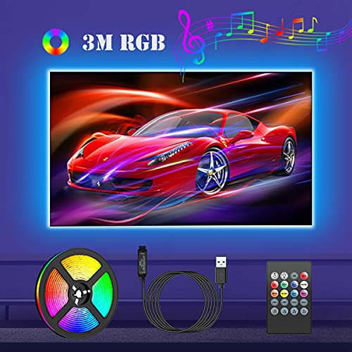 Ruban LED TV 3M, Bande Lumineuse LED RGB Multicolore Musical avec Télécommande, Bandeau LED Auto-adhésif, 8 Couleurs et 4 Modes Décor pour Chambre Maison Télévision