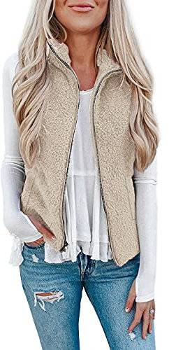 Rapbin - Gilet in pile da donna, effetto peluche, per autunno e inverno, caldo, senza maniche, leggero, casual, tinta unita, Gilet cachi, XXL