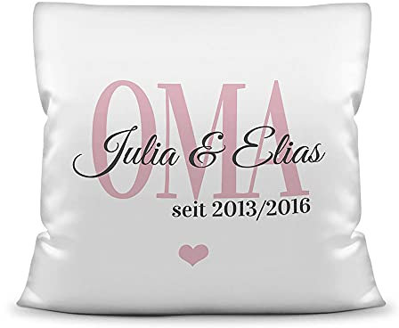 Kissen mit Füllung - Oma seit - zum selbst gestalten mit Kindernamen und Geburtsjahren - Geschenk für die Beste Oma - Kissen Polyester - Weiß, 40x40 cm