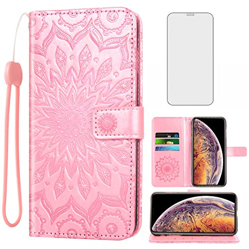 Phone Case for iPhone Xs X 10 10s Wallet Cases with Tempered Glass Screen Protector Leather Flip Cover Card Holder Stand Cell iPhoneX iPhoneXs iPhone10 i PhoneX SX 10x 10xs X’s Women Rose Gold