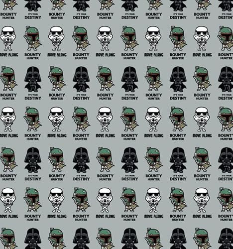Imperial Quotes Star Wars Kawaii Print Grau Baumwollstoff Meterware Storm Trooper, Darth Vader, Boba Fett, Kopfgeldjäger (100% Baumwolle, echter Lizenzstoff, ideal zum Basteln, Quilten, Nähen)