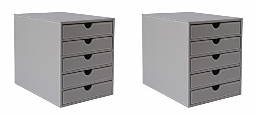 OSCO (2 Pack) Faux Leather 5 Tier Paper Sorter A4 Drawer Unit, Document Storage Organiser, Desk Tidy for Home Office, Paperwork Filing Cabinet, 31.0 x 25.3 x 34.0 cm, Grey