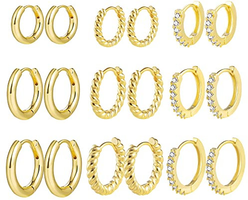 Ohrringe Set, 9 Paar 14k Echt Vergoldete Creolen Gold Kleine für Damen, Hypoallergen Knorpel Huggie mit AAA+ Zirkonia Twist Piercing Damen Mädchen 12/14/16mm