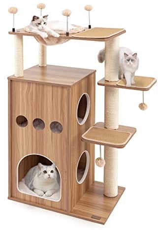 COSTWAY Wooden Cat Tree, Multi-Level Cats Climbing Tower with Hammock, 2 Condos, Scratch Posts, Washable Mats and Spring Balls, Indoor Kitten Activity Furniture Play House