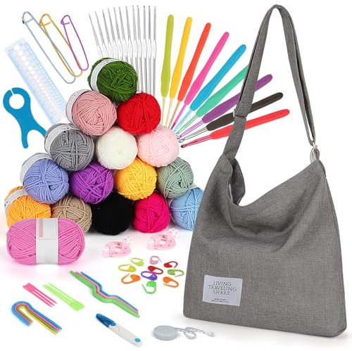 Katech Häkelset für Anfänger, 16 Wolle zum Häkeln & Stricken, Häkelnadeln Set 2,0-6,0mm Ergonomischer Häkelnadel, Spitze Häkelnadeln 0,6-1,9mm, Strickset für Anfänger, Häkeln Häkelset Tasche Grau