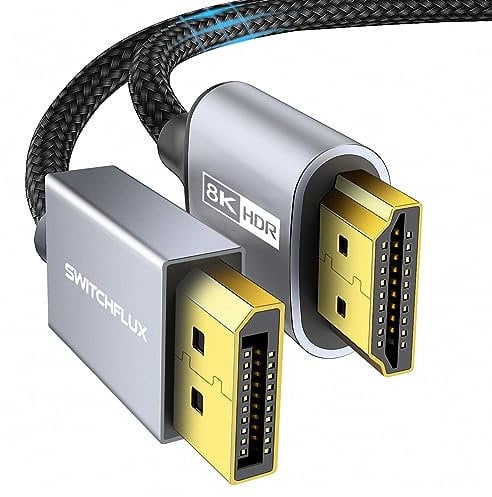 SWITCHFLUX Cable DisplayPort a HDMI 8K de 6 pies [8K a 60Hz, 4K a 120Hz, 2K a 144Hz] Fuente DP unidireccional a pantalla HDMI, cable trenzado DisplayPort 1.4 a HDMI 2.1 para AMD, NVIDIA