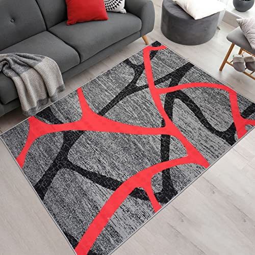 Mazovia Modern Teppich - Kurzflor - Teppich für Wohnzimmer, Schlafzimmer, Esszimmer - ÖKO-TEX Wohnzimmerteppich, Robust und pflegeleicht, Niedrige Florhöhe - Grau Rot - 120 x 170 cm