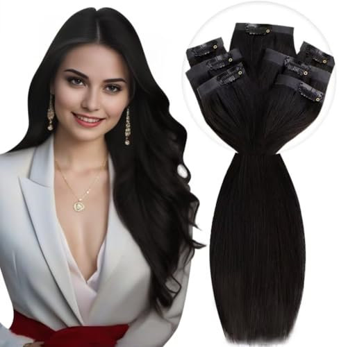 Vivien Echthaar Clip in Extensions Schwarz Extensions PU Clip in Echthaar Remy PU Clip in Extensions Echthaar Naturschwarz #1B 50cm 140g/7pcs Glatt Lang