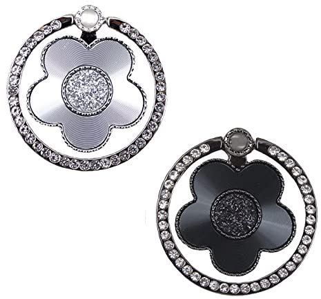 Silars Handyringhalterung Finger Blume, 2 Stücke Glitzer Ringhalter, Fingerhalterung Rund, 180 Grad Gefaltet Universal Halter für Alle Handys (Schwarz + Silber)