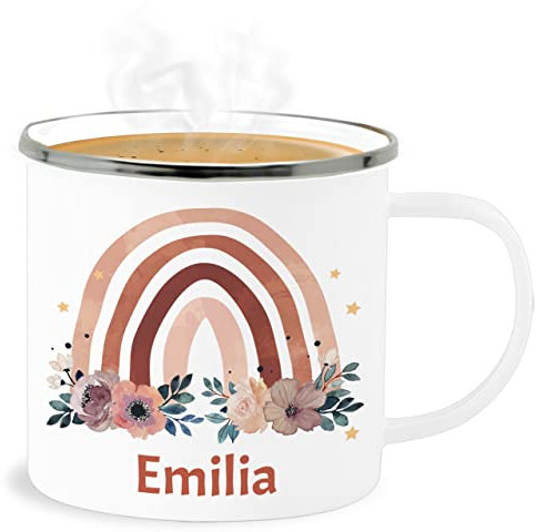 Emaille Becher Blechbecher - Boho - Geschenk Regenbogen mit Name personalisiert I Rainbow - 300 ml - Weiß Silber - trinktasse kinder bohemian blume tasse kaffeetasse individuell emilia tassen