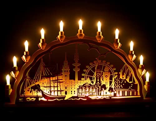 Schwibbogen Hamburg - Stadtmotiv - 68cm, 11 Kerzen + Vorbeleuchtung - Feine Handarbeit aus dem Erzgebirge - Weihnachten erzgebirgischer Lichterbogen