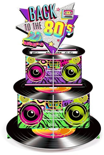 Zopeal Cupcake-Ständer mit 3 Etagen, 80er-Jahre-Stil, Musik-Party-Dekorationen, Record Hip Hop-Kuchenhalter, Back-to-the 80er-Jahre-Kuchenturm, Neon-Hippie-Dessertständer für 1980er-Jahre,