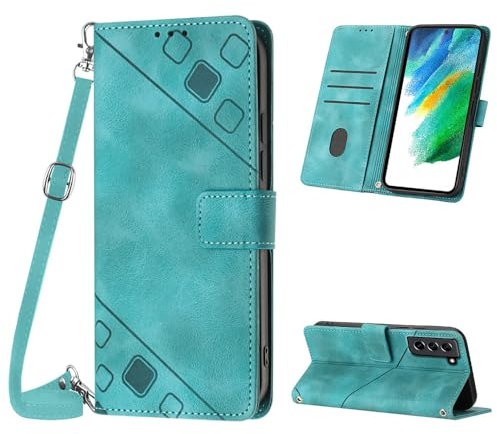 Mo-Beauty Hülle mit Samsung Galaxy S21 FE, PU Leder Flip Crossbody Handyhülle, verstellbare abnehmbare Halskette [Ständer] [Kartenfach] [Magnet] Schutzhülle für Samsung S21 FE - Grün