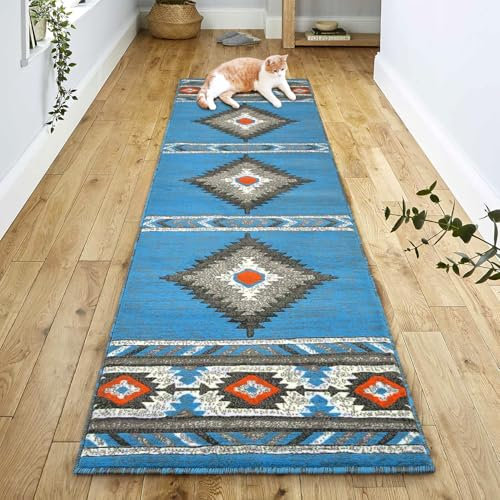 YHSF South West Teppich für Indianer – leicht zu reinigen, dick, weich, langlebig, Indianer-inspirierter Teppich für Schlafzimmer/Wohnzimmer/Flur und mehr, Blau-Orange, 60 x 200 cm