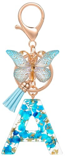 MWOOT Lettre Porte Clé Papillon Tassel, Initial Alphabet Résine Bleu Keychain, Personnalisé Key Ring Pendentif Décoratif, Porte Clef Voiture Kawaii Porte Monnaie Charm, Cadeau D'Anniversaire Femme(A)